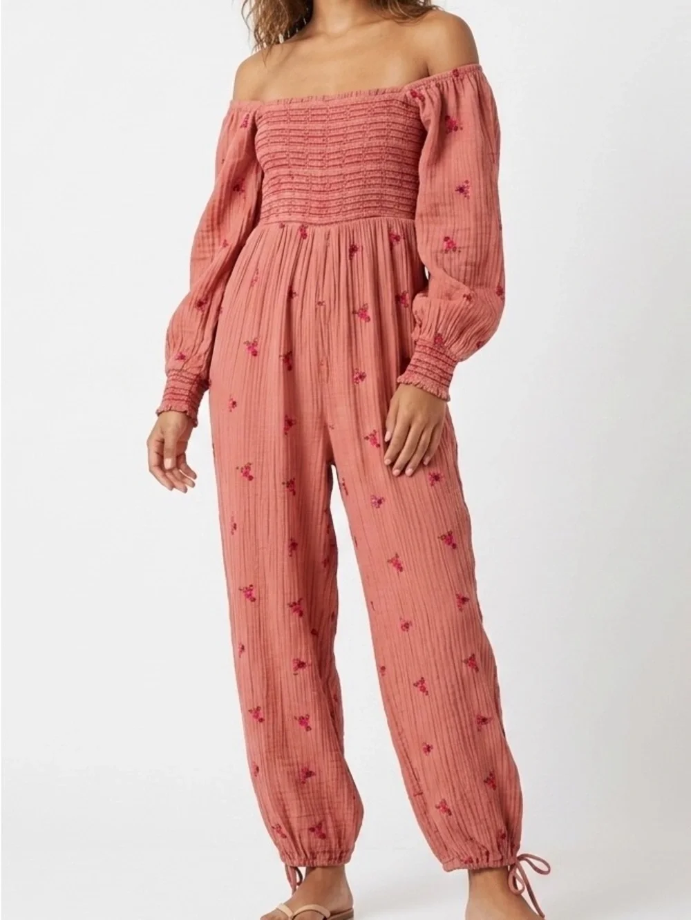 Free People Dahlia Smocked Embroidered Jumpsuit Pink XS Boho Cottagecore